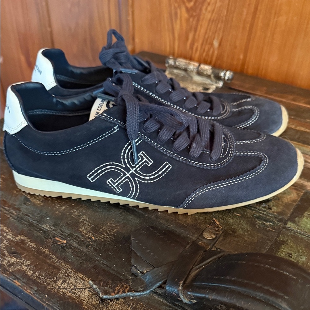 Sam Edelman Black Suede Lace-Up Sneakers with White Heel Tab